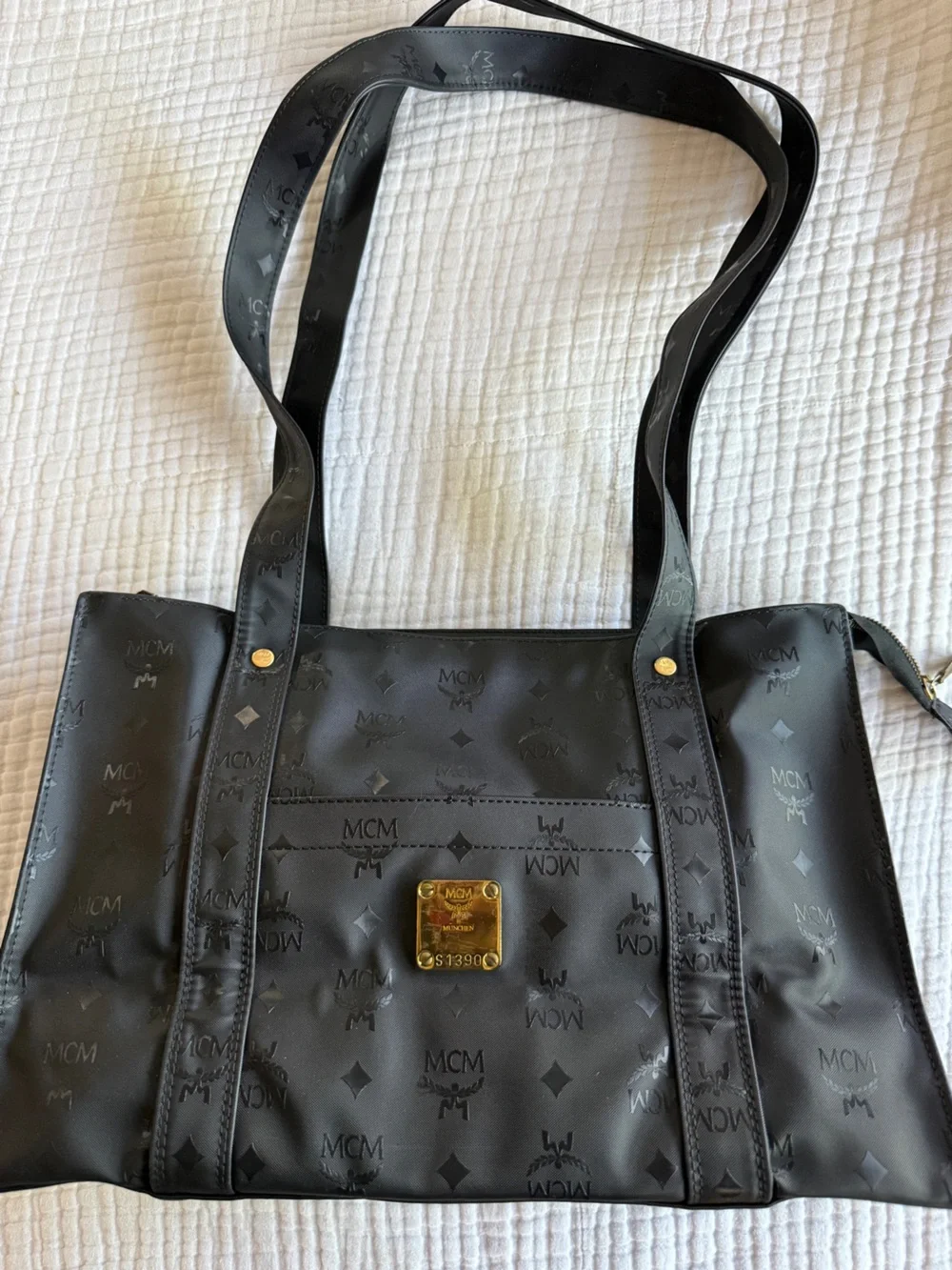 MCM Black Visetos Coated Canvas tote with Gold Acsents